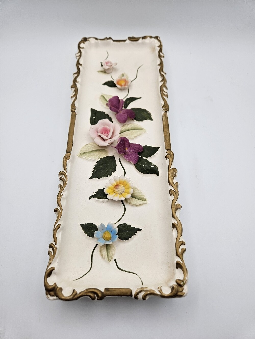 Lefton Porcelain Wall Plaque with Hand-Painted Multicolor Flowers and Gold Trim